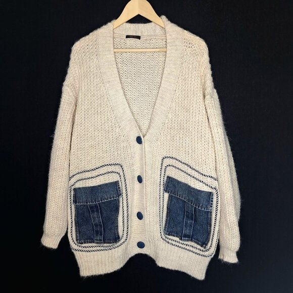 💙 Micas Thick Knit Oversized Drop Shoulder Cardigan Sweater Size L/XL Large Den - Picture 2 of 8